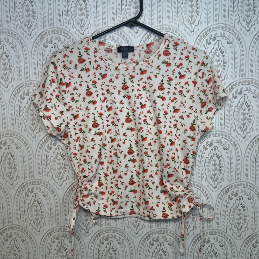 Faded Rose Womens XL‎ Floral Ribbed Ruched Side Tie Short Sleeve Top White Red